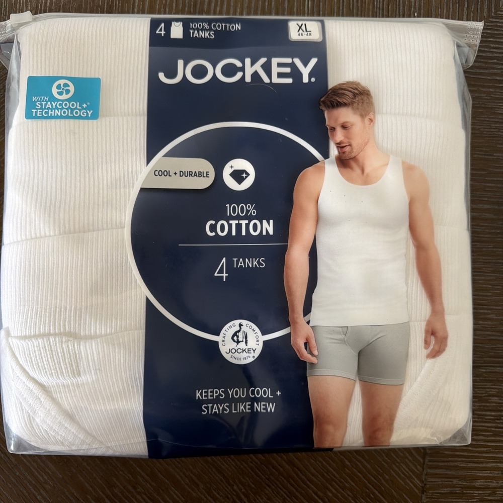 Jockey Men's 100% Cotton Tank Undershirt 4 Pack White Ribbed XL 46-48
